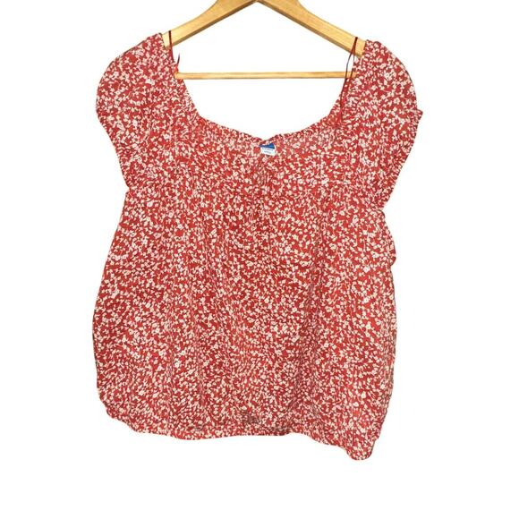 Old Navy NWT Top Brick Red Ivory Floral Short Bubble Peasant Boho Prairie 2XL - Picture 1 of 7